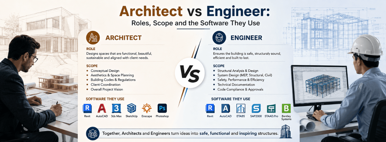 Architect vs engineer split-screen showing BIM model on left and structural analysis on right