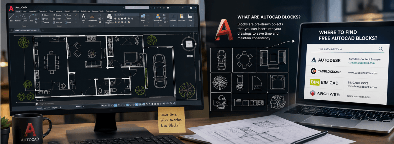 AutoCAD blocks palette showing furniture, door, and architectural block categories in the block library interface