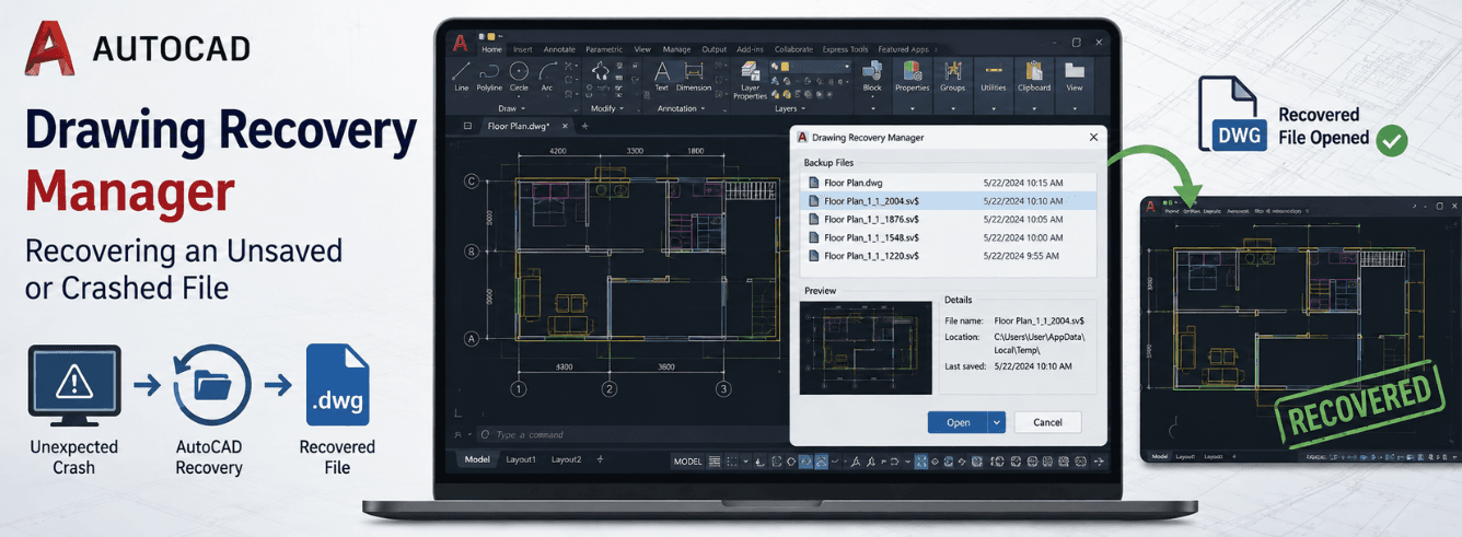AutoCAD Drawing Recovery Manager interface showing backup files after a crash