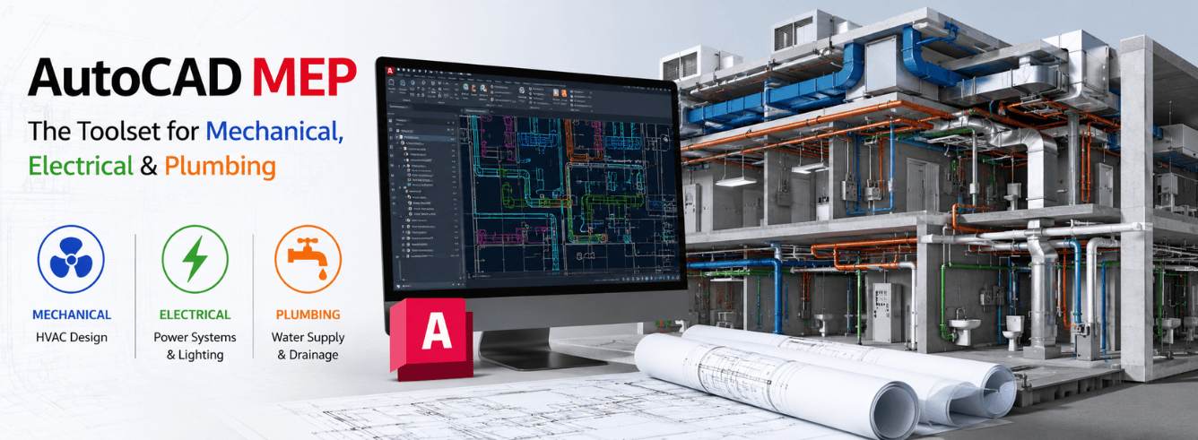 AutoCAD MEP toolset interface showing mechanical, electrical, and plumbing design workflows in AutoCAD 2026
