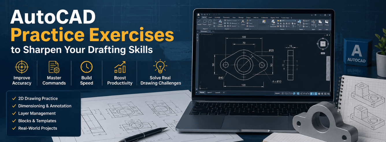 AutoCAD practice exercises on screen showing 2D and 3D drafting examples with dimensioning