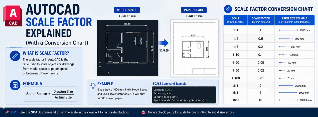 AutoCAD scale factor chart and a drawing sheet in model space zoomed into a detail, illustrating the relationship between drawing units and paper size.
