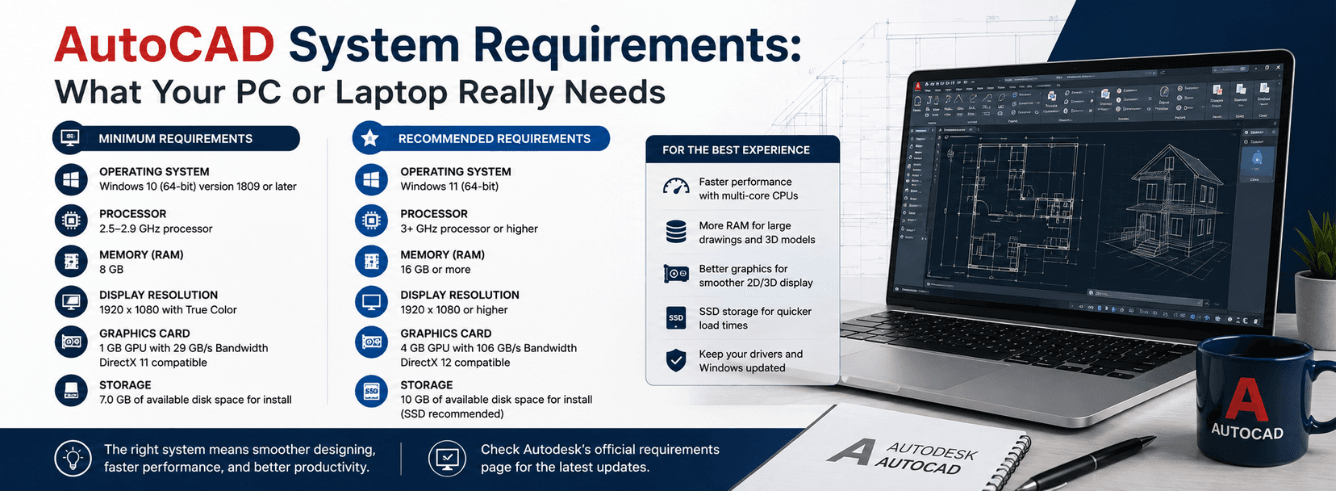 AutoCAD system requirements illustrated on a workstation desk with dual monitors, a CAD mouse, and an open laptop showing the AutoCAD 2026 interface