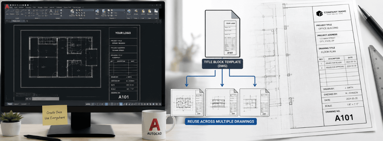 AutoCAD title block template displayed in Paper Space layout with attribute fields visible
