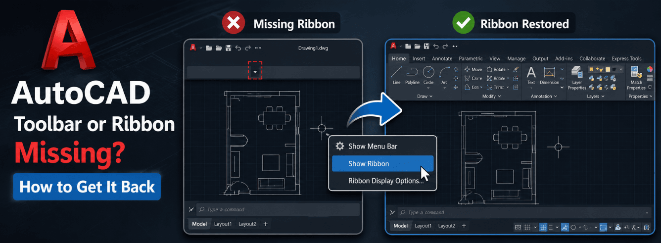 AutoCAD toolbar missing? Step-by-step guide to restore the ribbon, command line, and menus in Autodesk AutoCAD