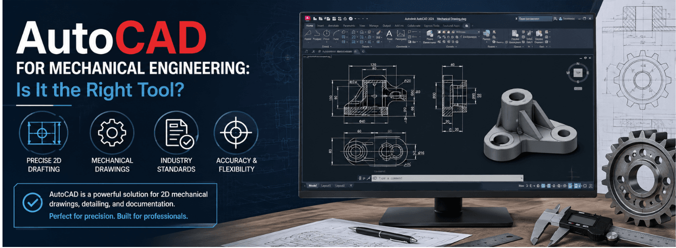 Mechanical engineer using AutoCAD mechanical drafting with specialized toolset on a dual-monitor workstation