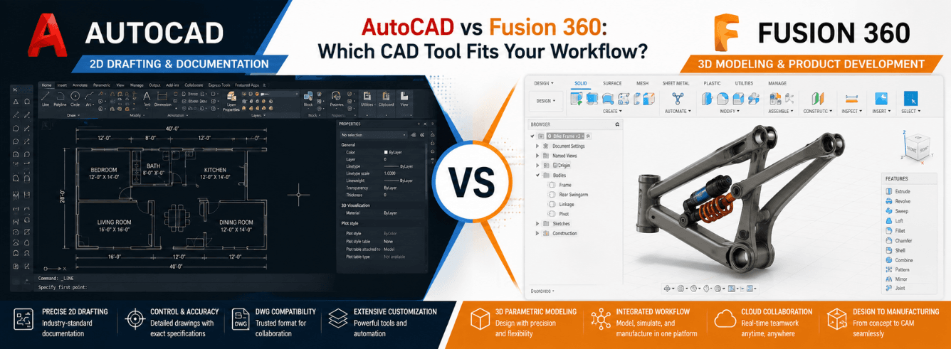 AutoCAD vs Fusion 360 comparison showing 2D drafting and 3D modeling side by side