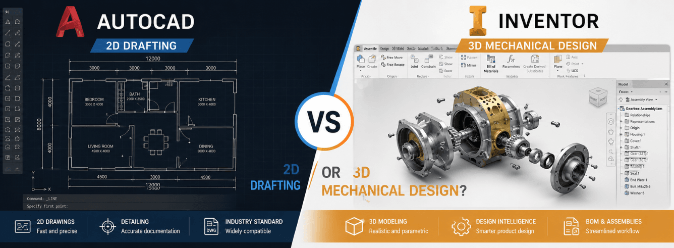 Split-screen comparison showing AutoCAD 2D drafting interface versus Inventor 3D parametric solid modeling workspace, highlighting the core difference in AutoCAD vs Inventor workflows