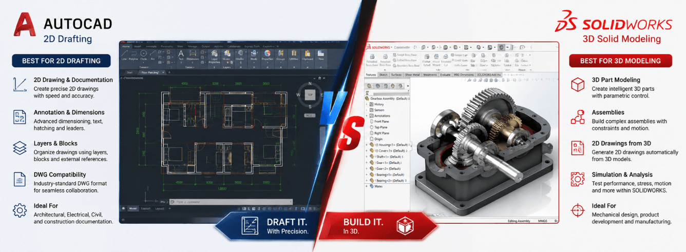 Split-screen comparison showing AutoCAD 2D drafting on the left and SolidWorks 3D parametric modeling on the right, illustrating the autocad vs solidworks decision for engineers and designers