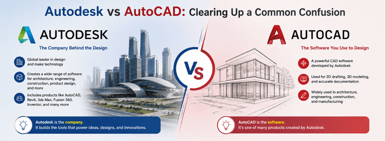 Autodesk vs AutoCAD — brand versus product explained with company logo and software icon side by side