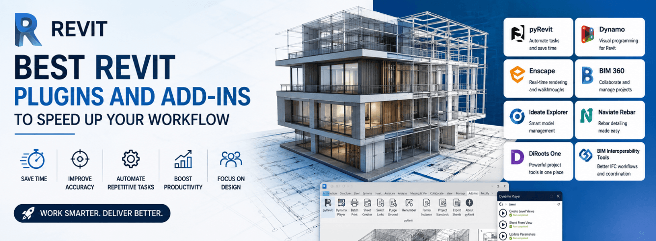 Revit plugins dashboard showing pyRevit and Dynamo tools on a BIM manager's screen in 2026