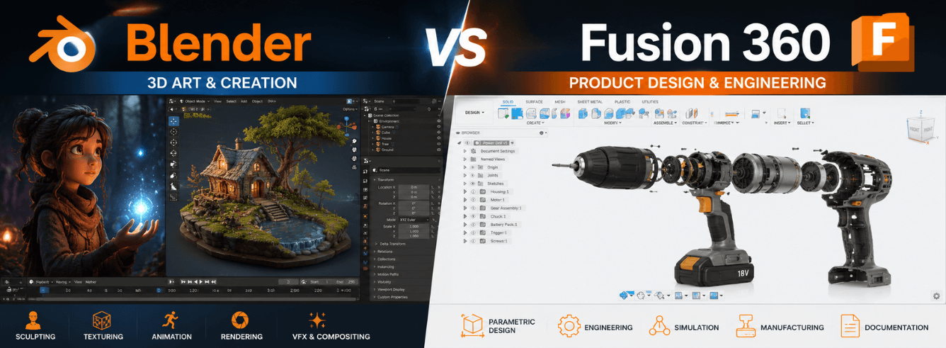 Blender vs Fusion 360 comparison: sculpting organic shapes in Blender alongside parametric CAD modeling in Fusion 360 for 3D design