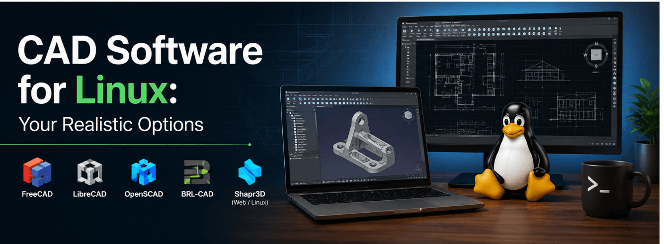 Linux CAD software options comparison guide featuring Fusion 360 web client and open-source alternatives running on Ubuntu