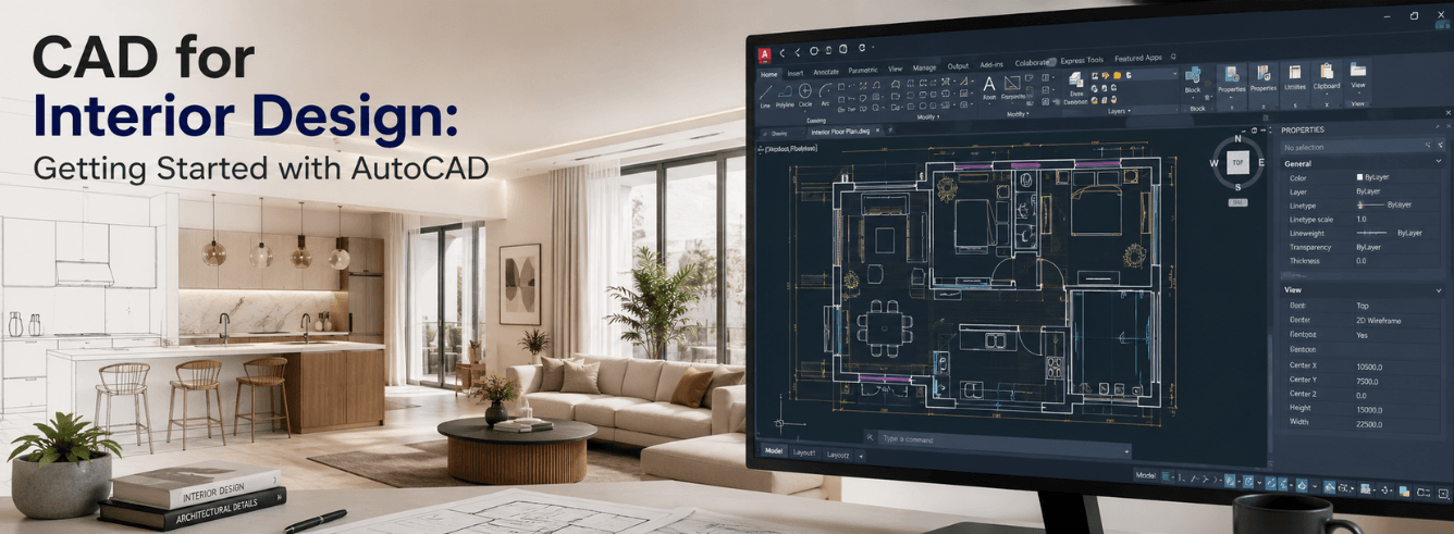 Interior designer working on CAD for interior design — floor plan with furniture blocks on screen