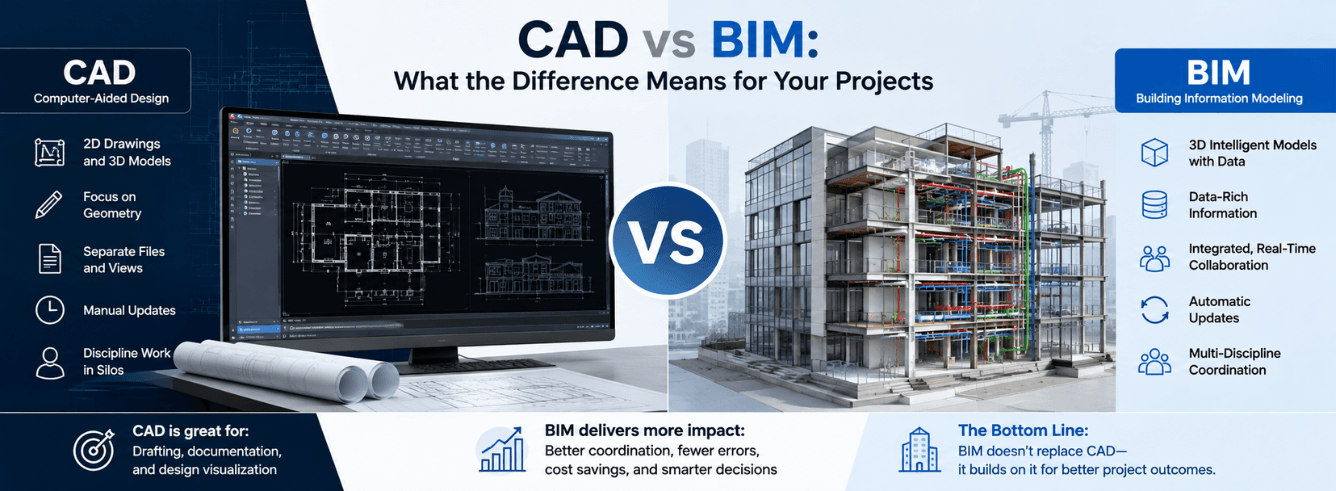 Split-screen comparison of CAD drafting versus BIM information model — CAD vs BIM difference for construction projects