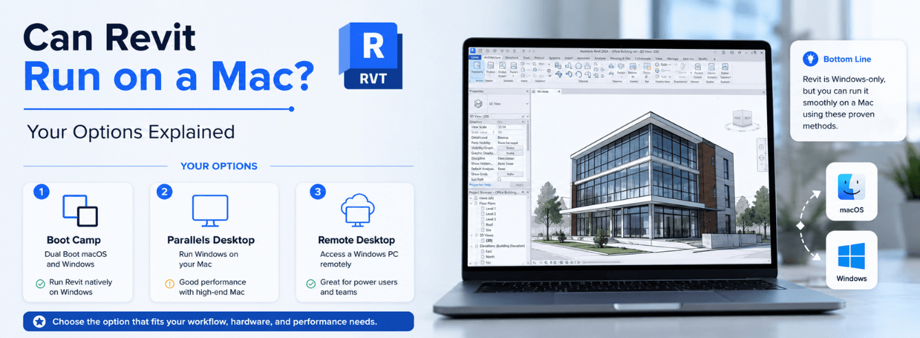 Revit running on a MacBook Pro via Windows virtualization — can Revit run on a Mac illustrated with a split-screen between macOS and Windows 11 interface