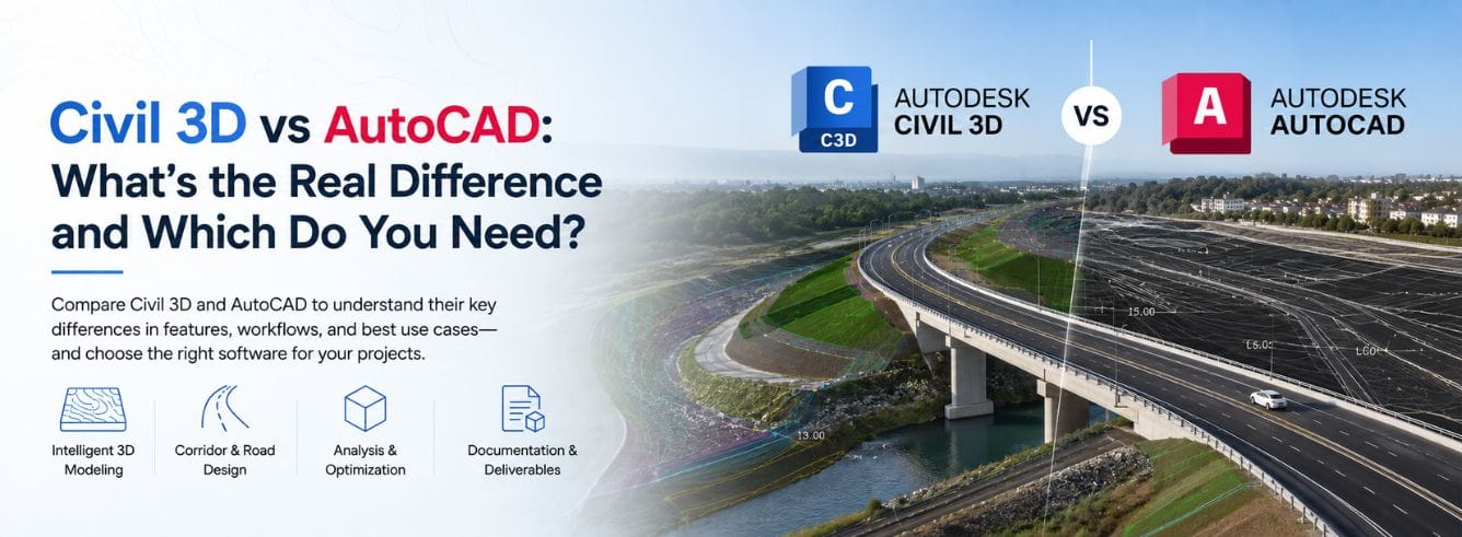 Civil 3D vs AutoCAD comparison showing a road corridor model beside a 2D drafting layout