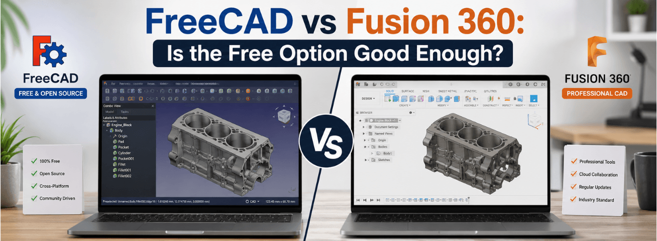 FreeCAD vs Fusion 360 comparison showing open-source CAD interface alongside professional Autodesk Fusion 360 workspace