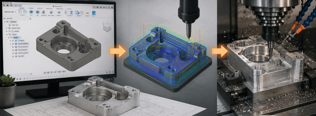 Fusion 360 CNC workflow showing CAD model and CAM toolpaths for machining