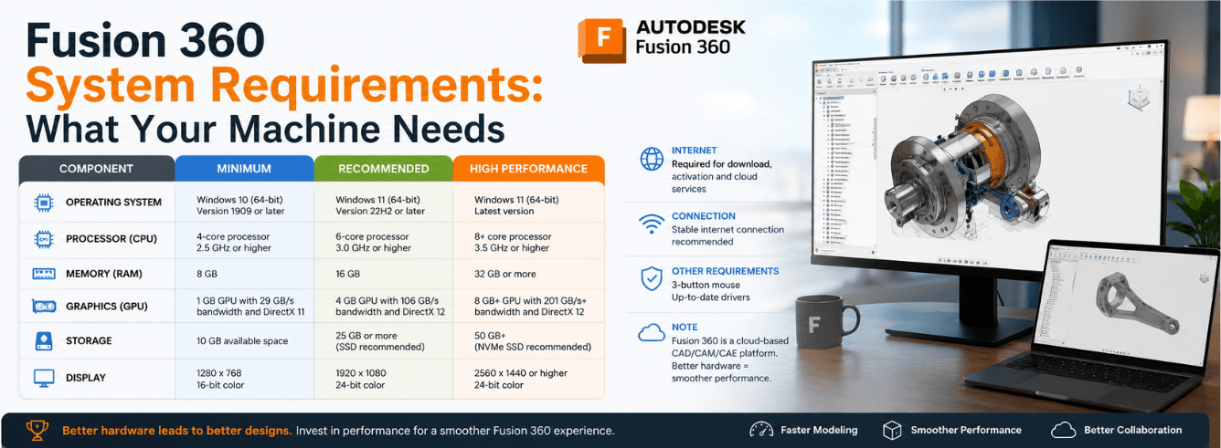 Fusion 360 system requirements checklist showing hardware needed for CAD modeling