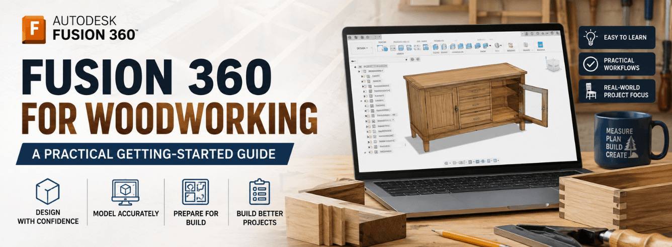 Fusion 360 for woodworking software interface showing a 3D cabinet design and toolpaths