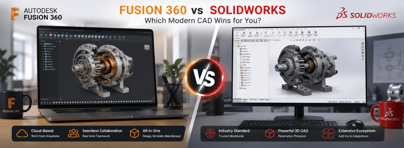 Split-screen comparison showing Fusion 360 cloud interface on one side and SolidWorks parametric assembly on the other, highlighting the fusion vs solidworks decision for modern CAD buyers