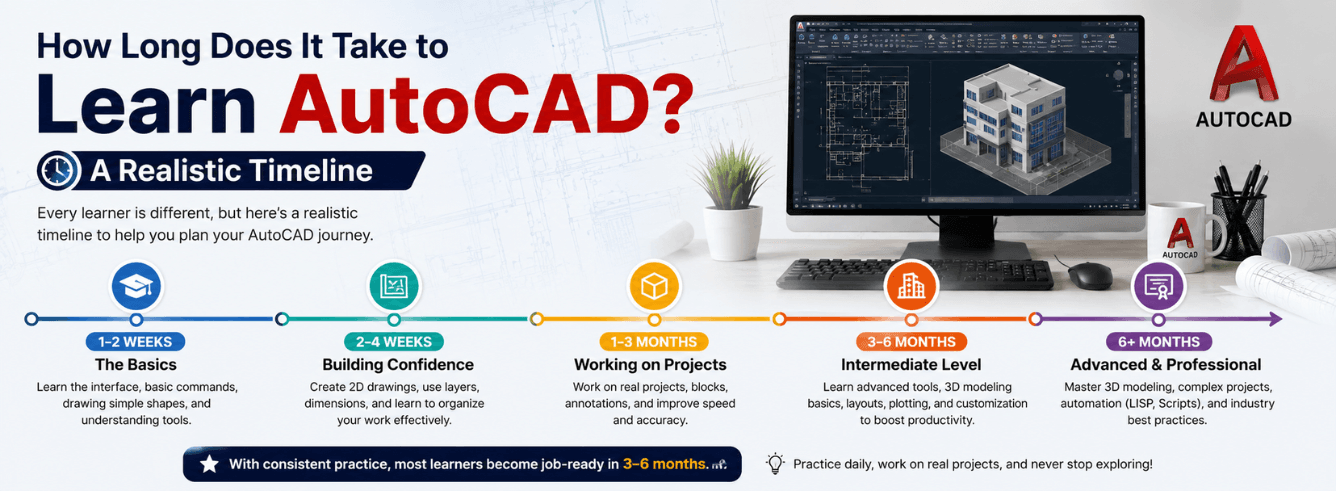 Beginner learning AutoCAD drafting on a dual-monitor setup — realistic timeline for how long it takes to learn AutoCAD from zero to professional