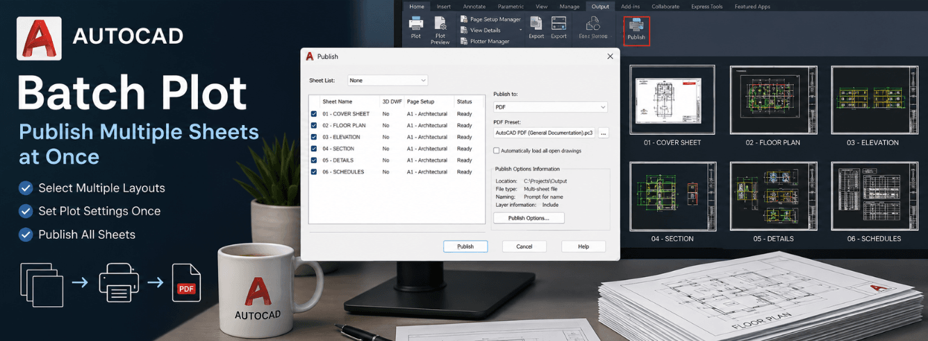 AutoCAD batch plot PUBLISH command dialog showing multiple layouts being prepared for output