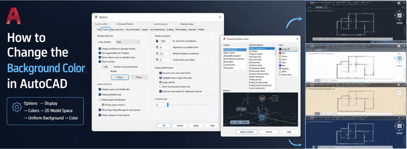 How to change the background color in AutoCAD — step-by-step settings guide showing Options menu and Drawing Window Colors dialog