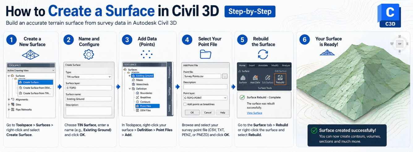 Civil 3D TIN surface display showing triangulation lines and elevation banding over a site plan — how to create a surface in Civil 3D