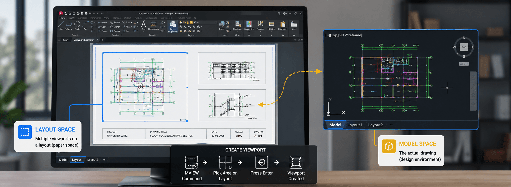 Step-by-step guide on how to create a viewport in AutoCAD showing model space, paper space, and layout viewport examples