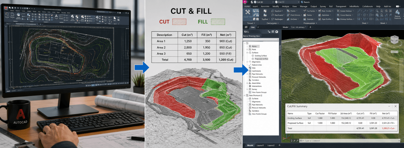 Civil engineer reviewing cut and fill volume dashboard in AutoCAD Civil 3D