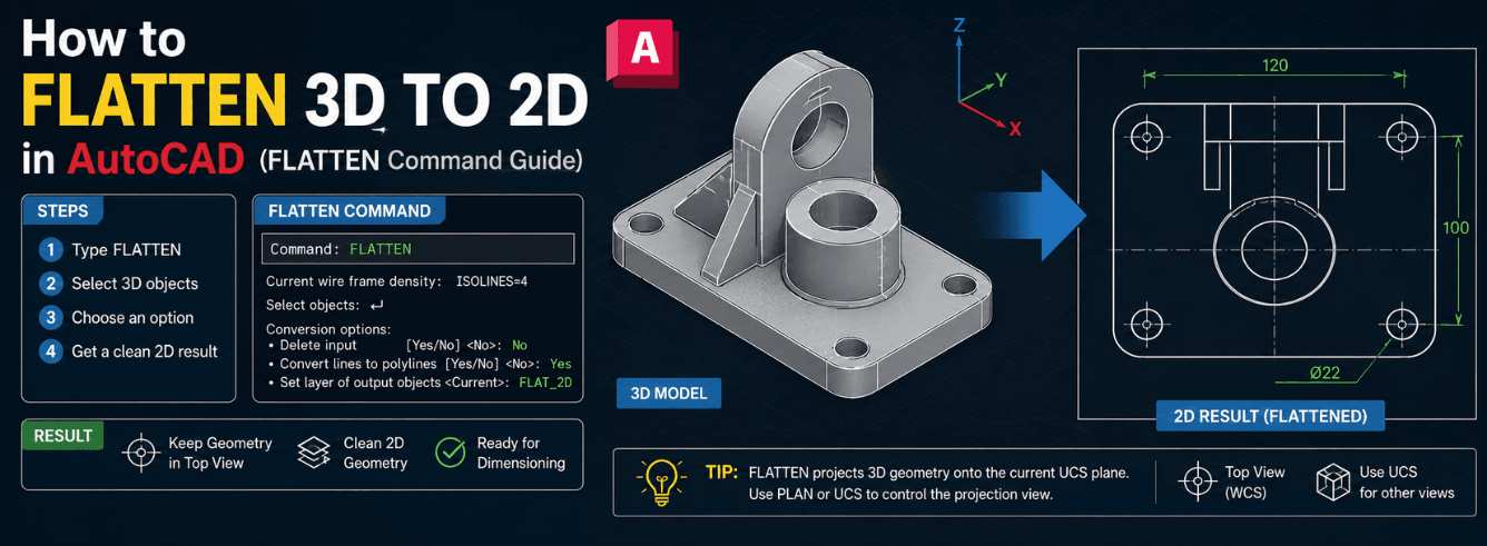 AutoCAD flatten 3D to 2D workflow showing a 3D model converting to a clean 2D drawing on a layout sheet