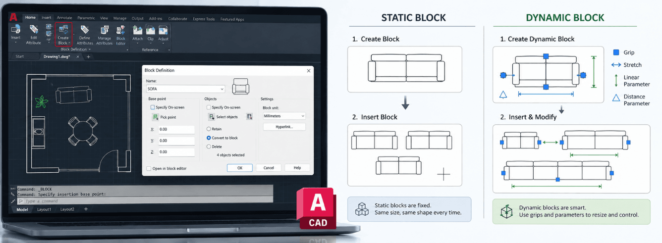 How to make a block in AutoCAD — static block creation and dynamic block editor interface