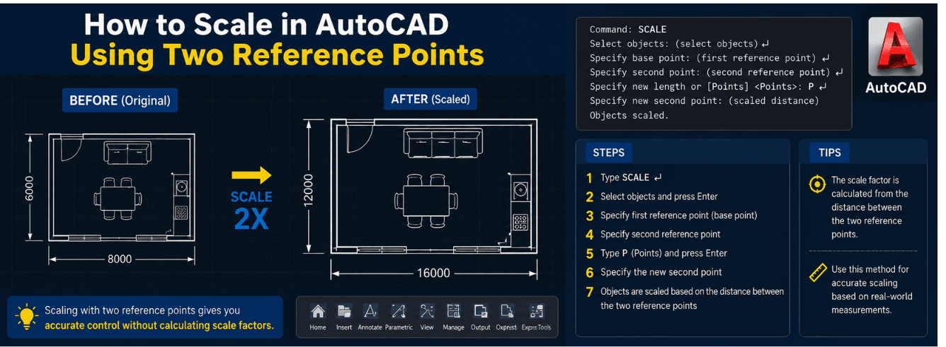 How to scale with two reference points in AutoCAD using the SCALE Reference option