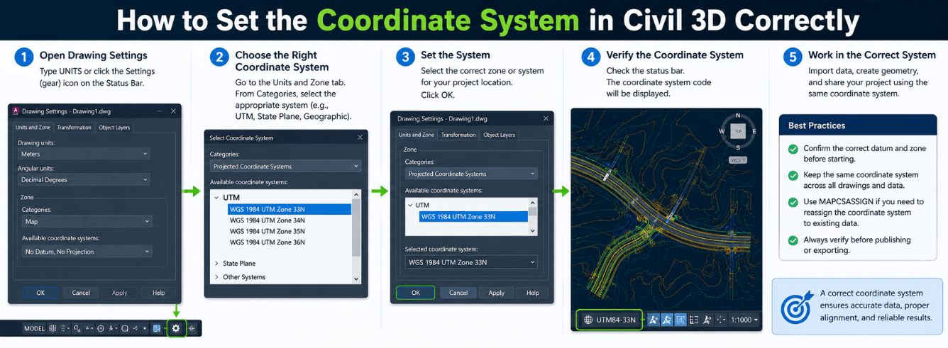 Civil 3D coordinate system setup — drawing settings dialog open with coordinate zone and datum fields visible