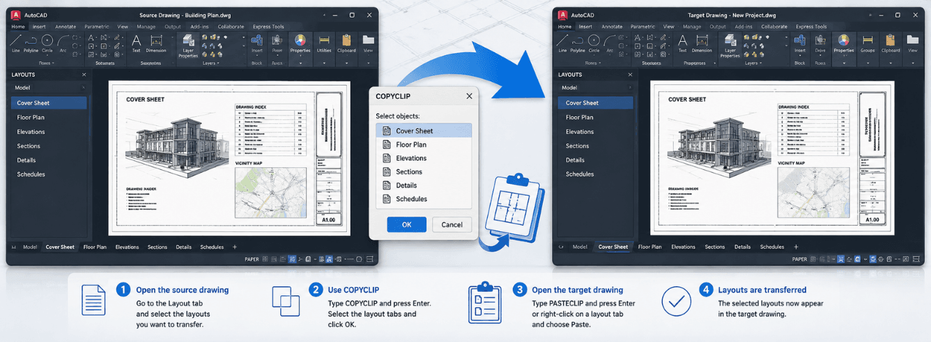 How to transfer layouts to another drawing in AutoCAD using the Move or Copy method and Design Center