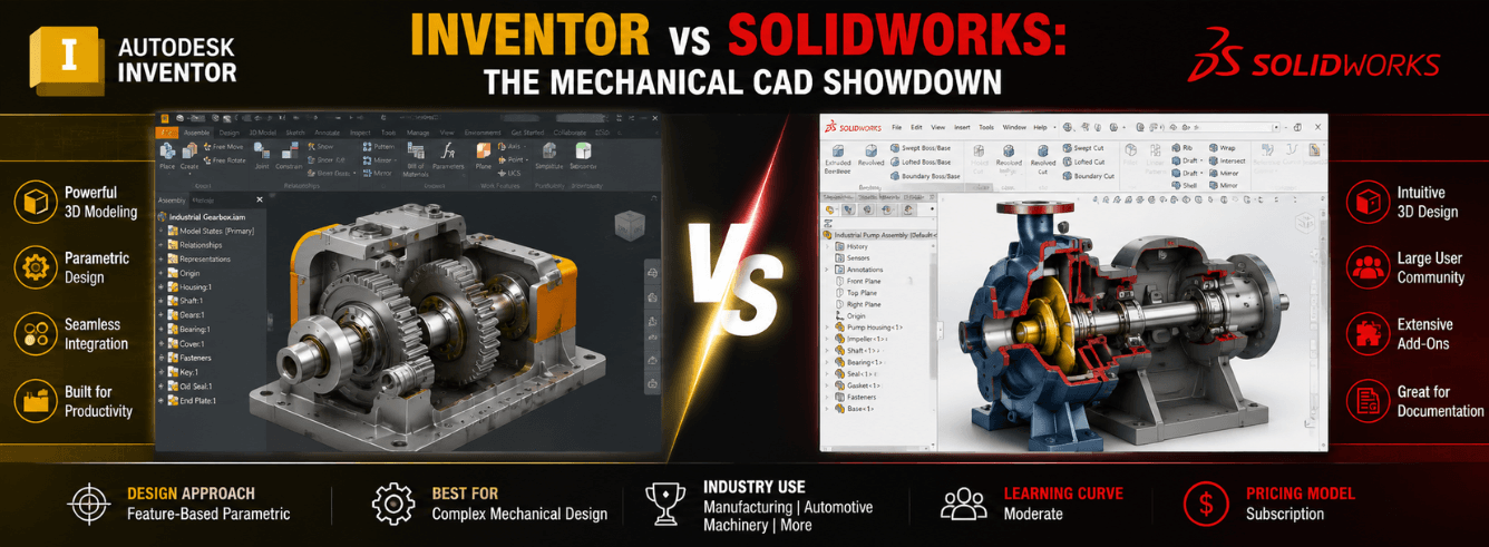 Inventor vs SolidWorks mechanical CAD software comparison showing assembly modeling and sheet metal design