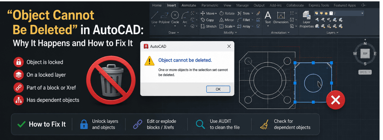 AutoCAD error message object cannot be deleted with selection and delete key issue