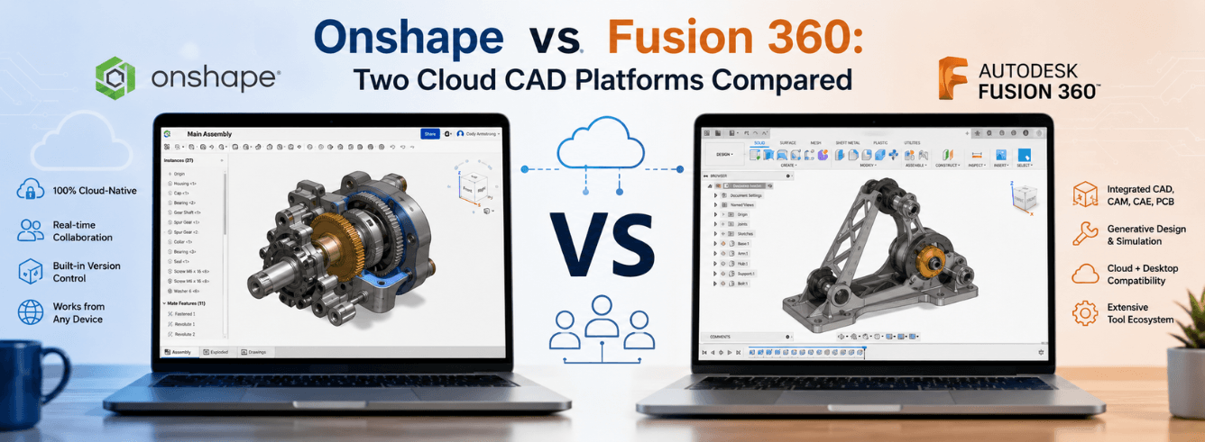 Onshape vs Fusion 360 side-by-side comparison on laptop and tablet screens showing cloud CAD interface