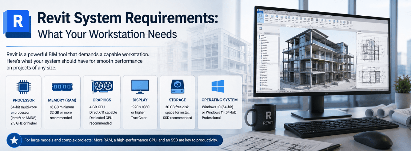 Workstation displaying a complex Revit 3D building model, illustrating the hardware needed to meet real-world Revit system requirements