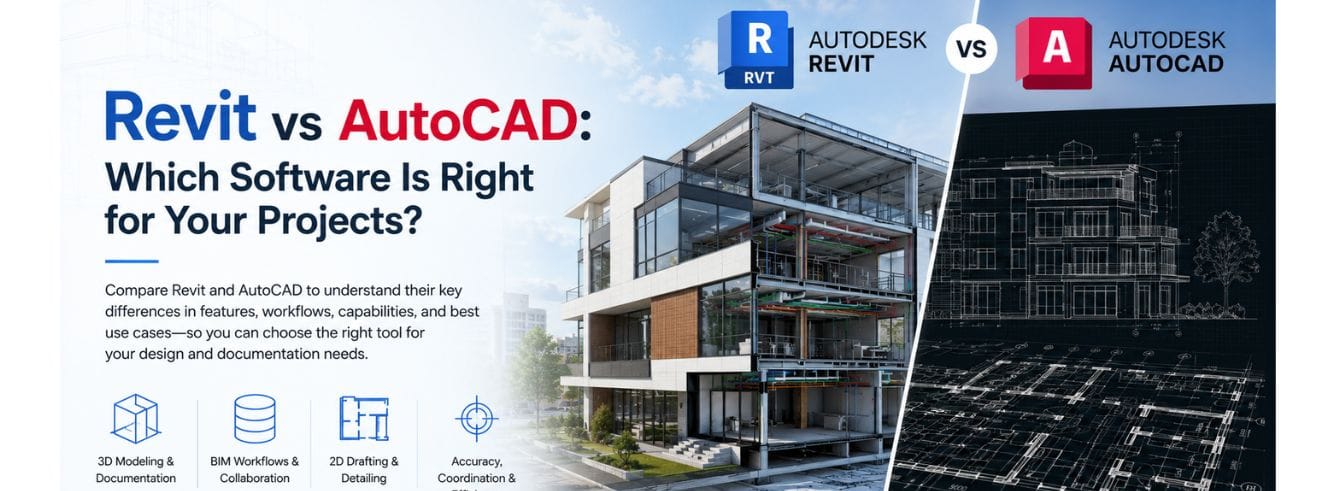 Split-screen showing a Revit BIM model with parametric walls on the left and a detailed AutoCAD 2D floor plan on the right, comparing revit vs autocad for design teams