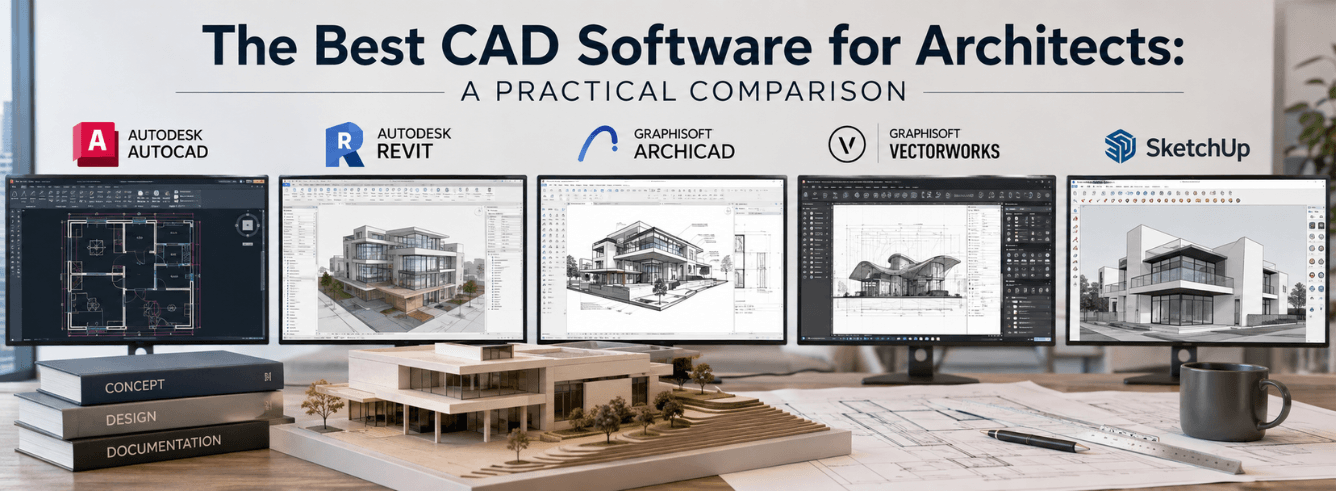 Architecture software CAD comparison showing Revit BIM modeling and AutoCAD drafting side by side