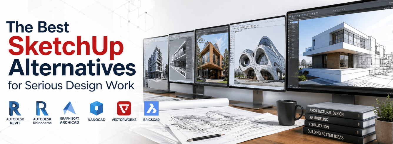 Designer comparing Revit and AutoCAD as a SketchUp alternative for professional 3D modeling and BIM workflows