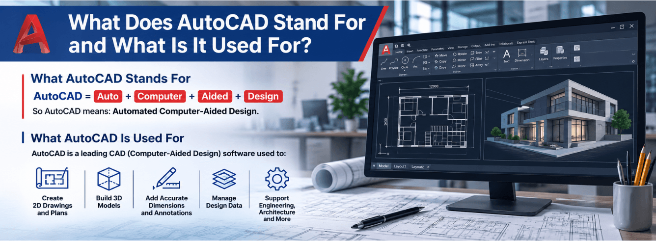 AutoCAD drafting interface showing 2D floor plan and 3D model side by side — what does AutoCAD stand for explained