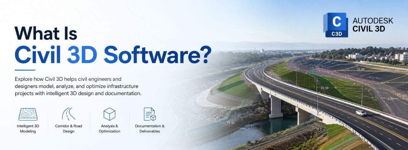 What is Civil 3D software shown as a 3D road corridor model over a survey surface