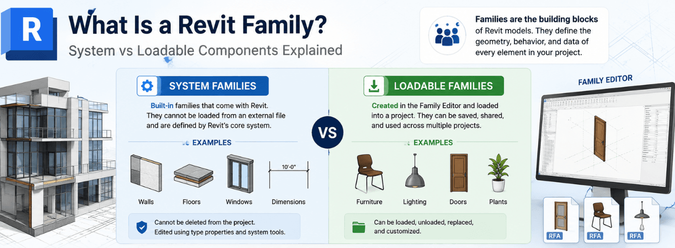 Digital Revit family browser showing loadable component .RFA files alongside a 3D building model, illustrating what is a Revit family and how components are organised