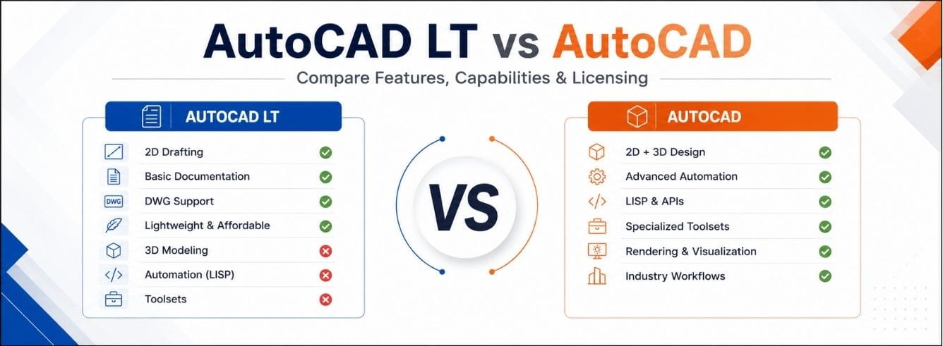 AutoCAD LT vs AutoCAD split-screen showing a 2D floor plan beside a 3D model